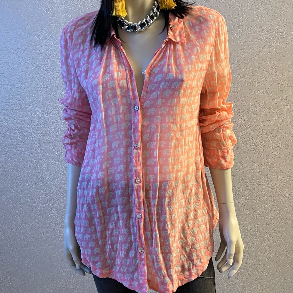 Anthropologie Hei Hei Pink Elephant Print Gauze Button Down Blouse Size M - Picture 4 of 7